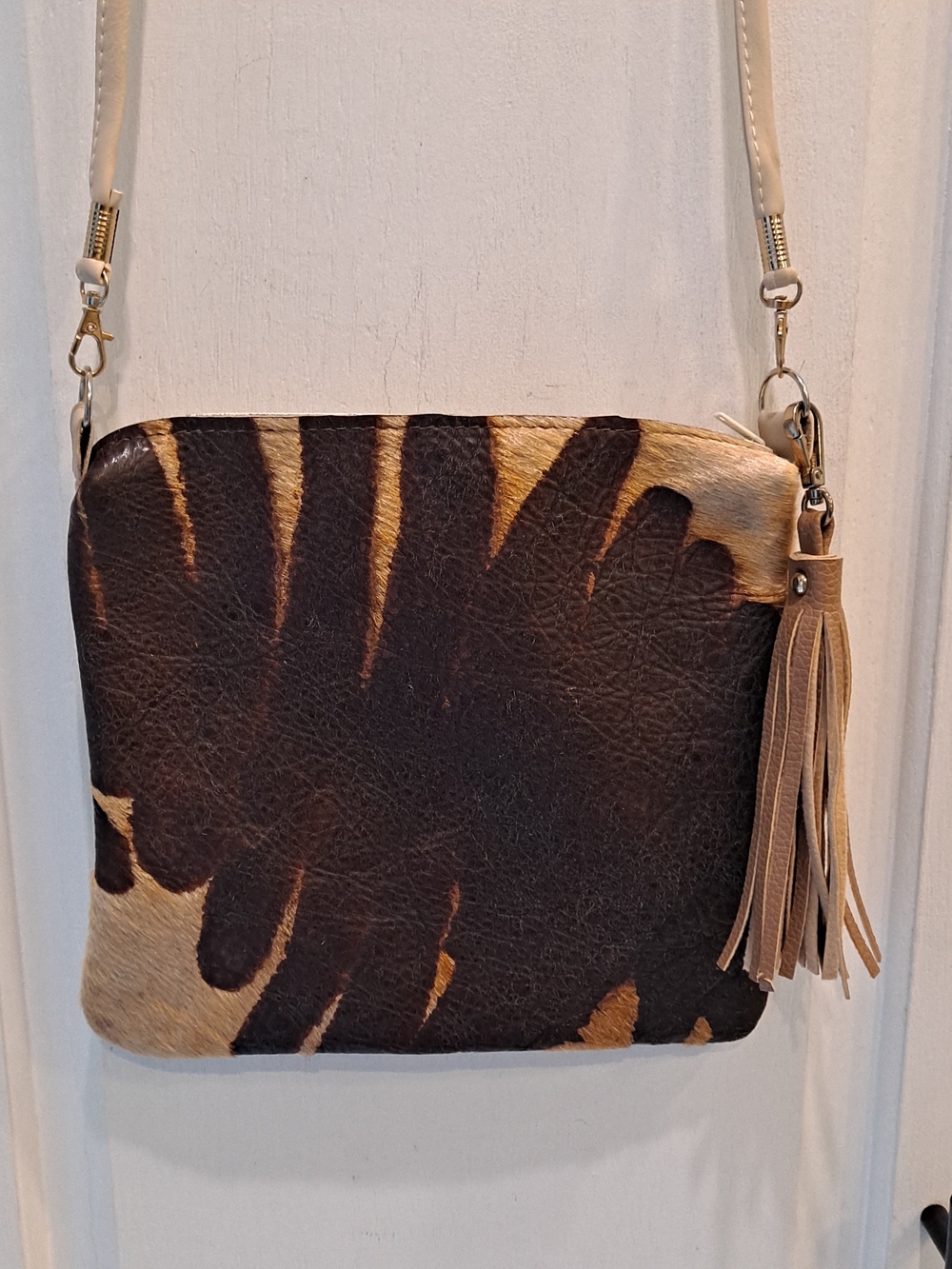 Artisan Boho Western Cowhide Hair-on Hide Brown Tan Crossbody Bag Tassel